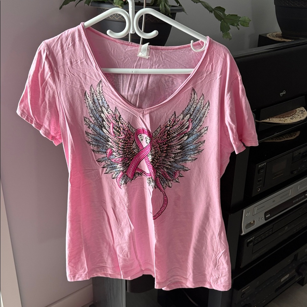 Pink Women's Ribbon Wing Graphic V-Neck Tee